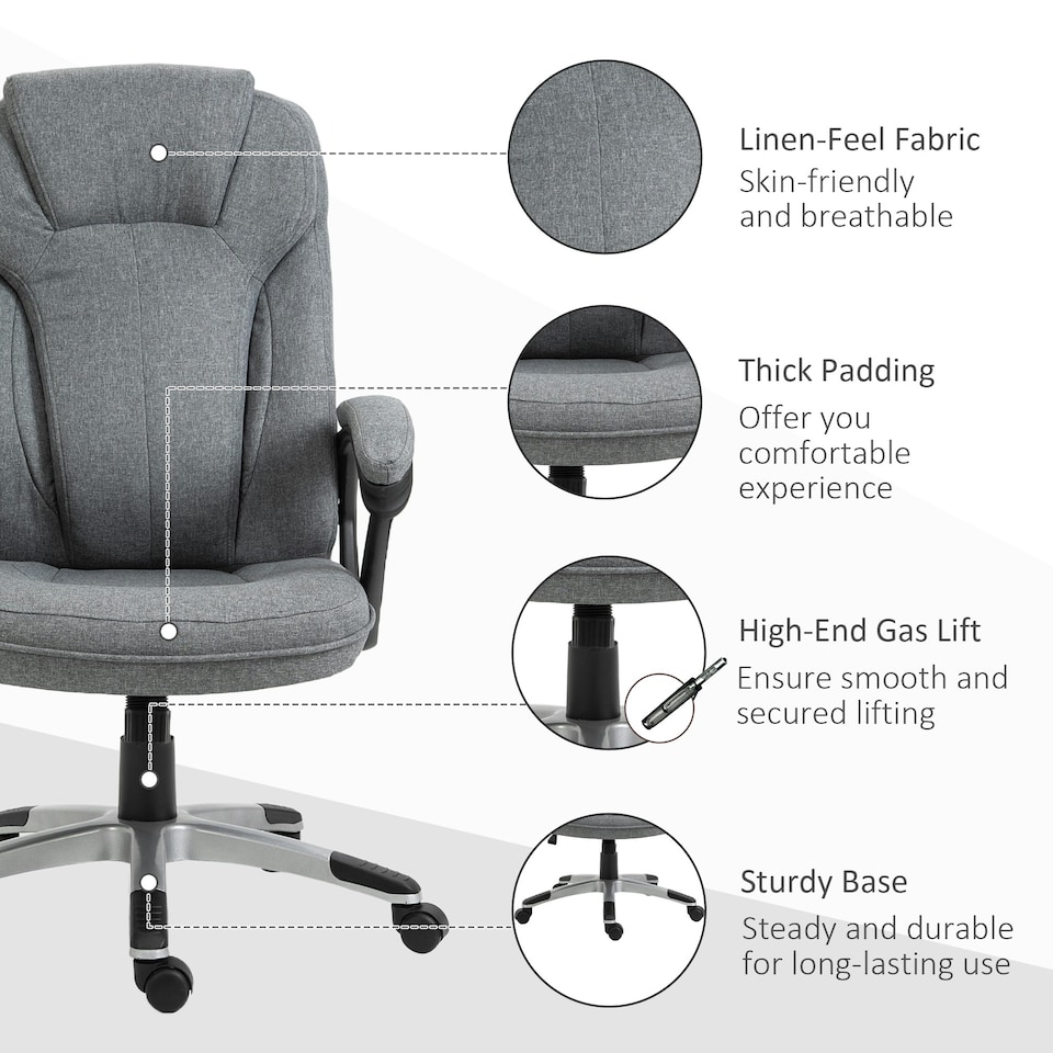 image 1 of Vinsetto Linen Executive Office Chair Height Adjustable Swivel Chair, Grey
