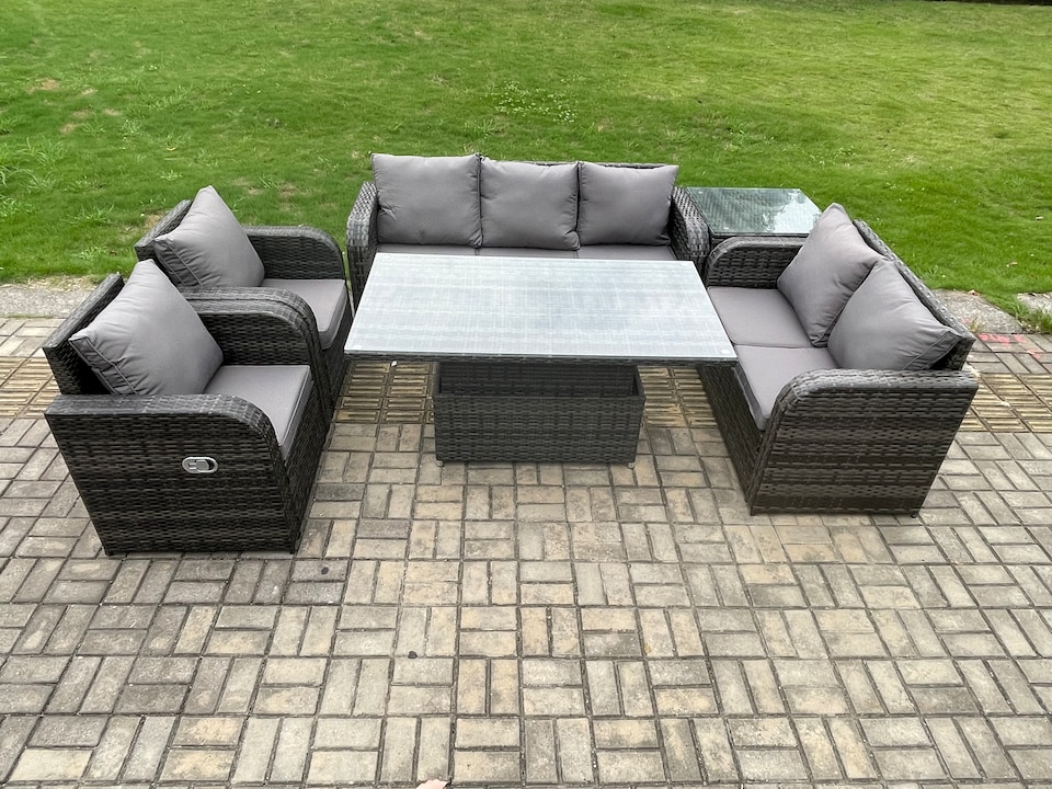 image 1 of Fimous Wicker PE Rattan Outdoor Garden Furniture Sets Height Adjustable Rising lifting Dining Table Reclining Chair Sofa Set with Side Table Dark Grey Mixed