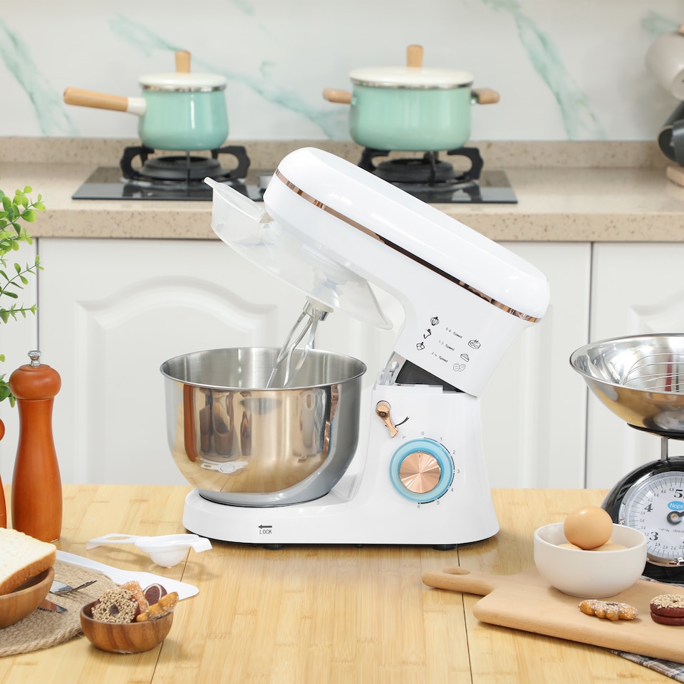 image 1 of HOMCOM Stand Mixer, 5L Food Mixer for Baking, 6 Speeds and Pulse Setting, 1400W Cake Electric Kitchen Mixer with Dough Hook, Whisk, Stainless Steel Bowl, Splash Guard, Beater, White