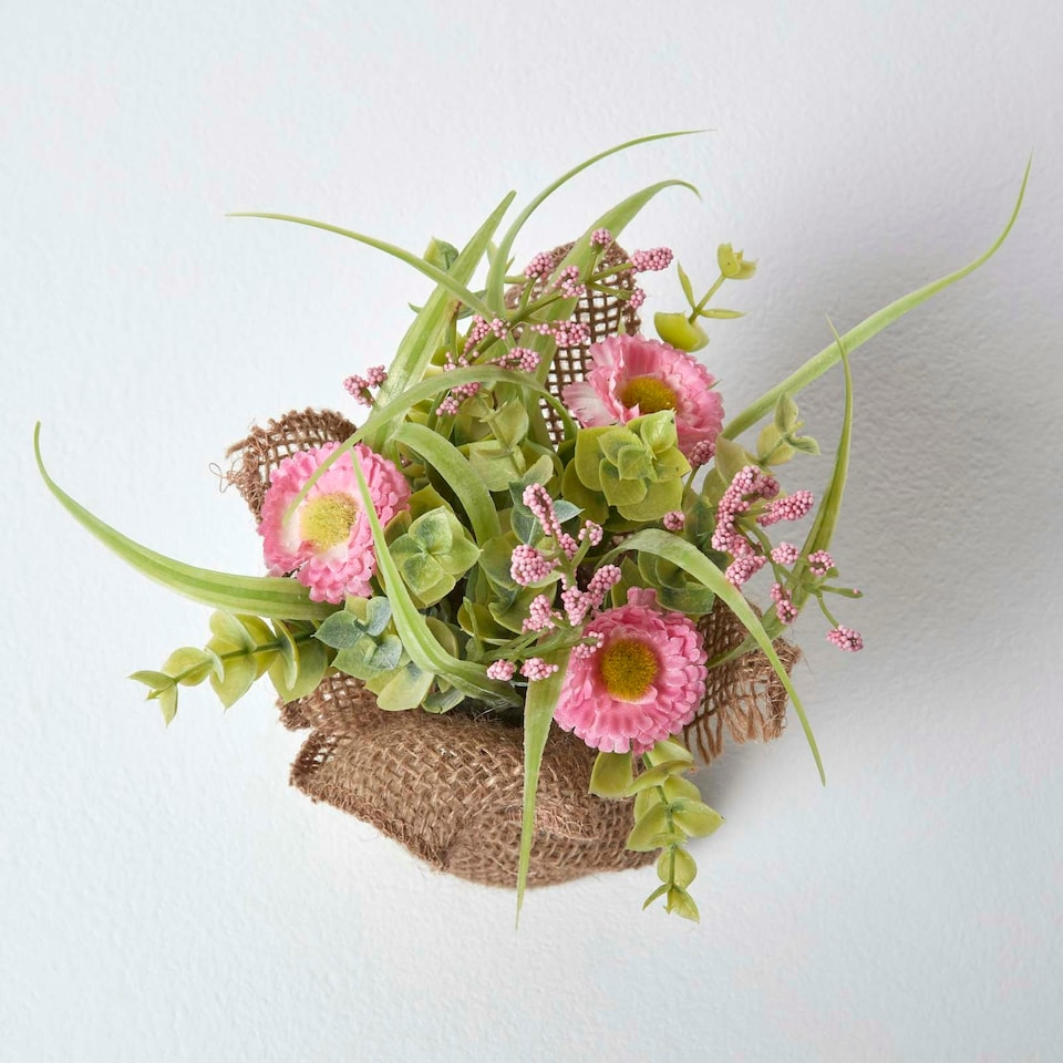 image 1 of Homescapes Set of 3 Pink, Purple & Yellow Artificial Daisies in Rustic Burlap Pots