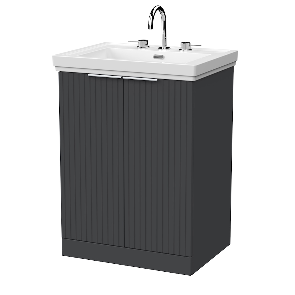 image 1 of Balterley Callingwood Contemporary Floor Standing 2 Door Vanity Unit with Traditional 3 Tap Hole Fireclay Basin , 600mm, Dark Grey