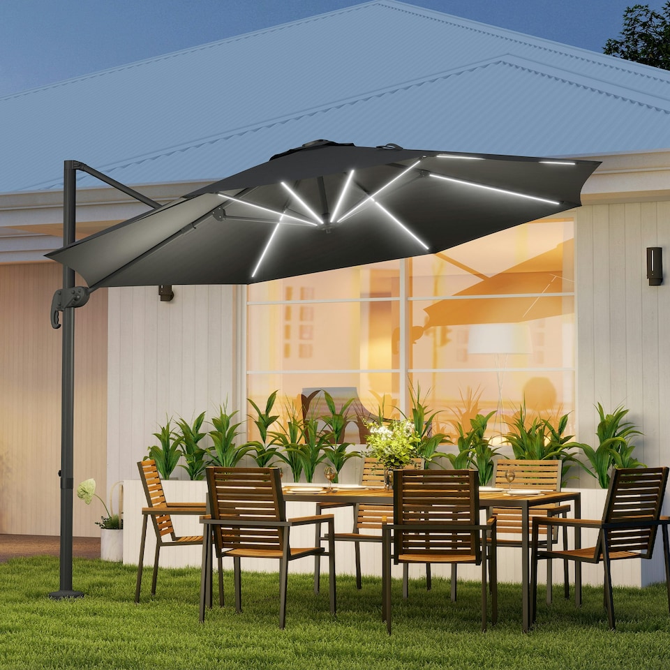 image 1 of Outsunny 3(m) Solar LED Cantilever Parasol Adjustable Garden Umbrella Dark Grey