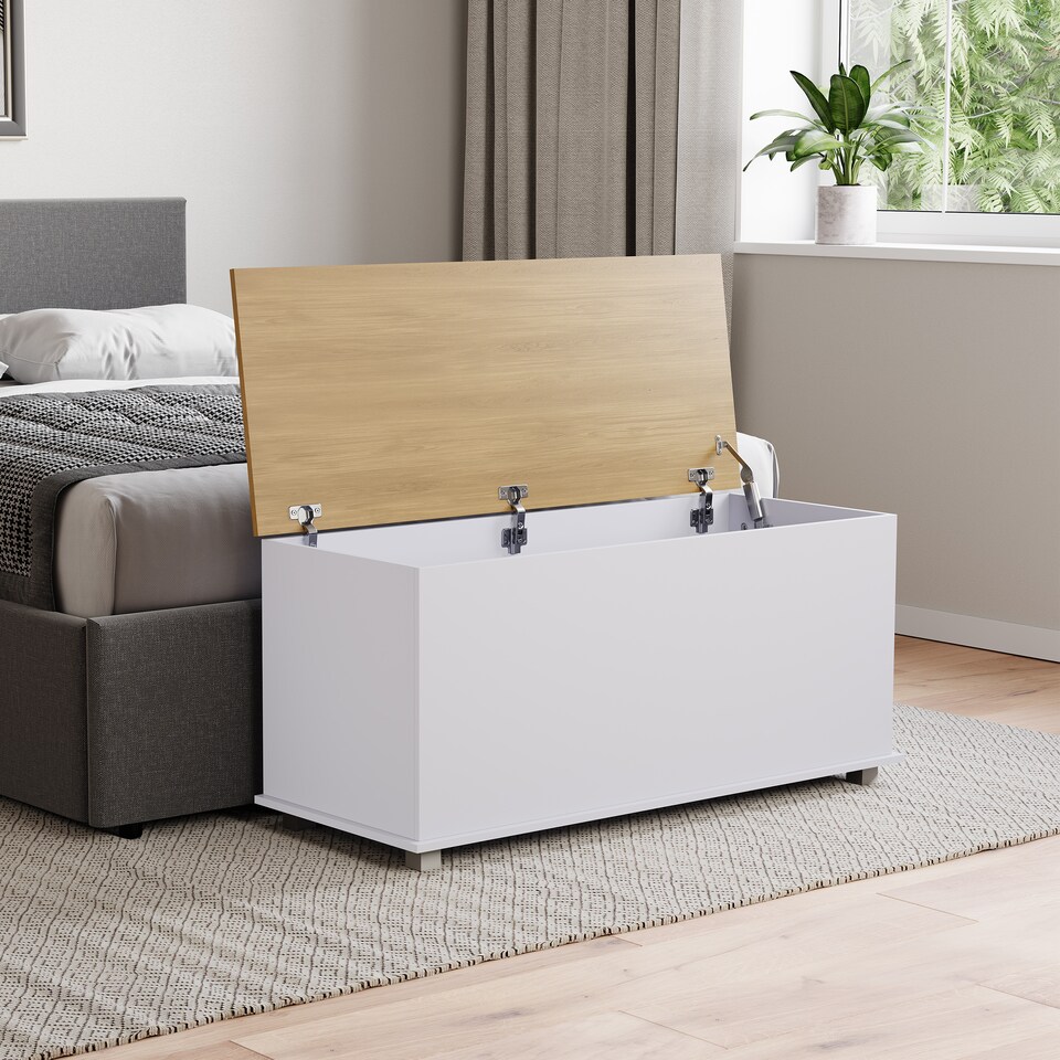 image 1 of Vida Designs Arlington Storage Ottoman Bedroom Hallway Chest Bench, White & Oak | White | White