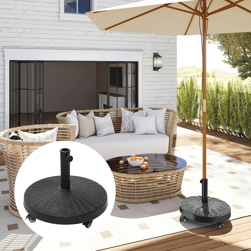 image 1 of Outsunny Resin Patio Umbrella Base Parasol Stand Weight Deck w/ Wheels