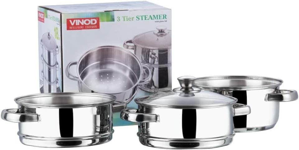 image 1 of Stainless Steel 3-Tier 18cm Casserole & Steamer Set
