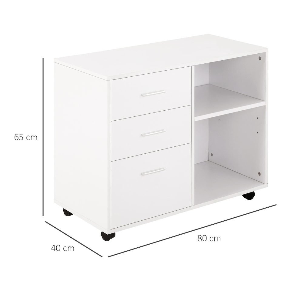 image 1 of HOMCOM Freestanding Printer Stand Unit Office Desk Side Mobile Storage w Wheels 3 Drawers, 2 Open Shelves Modern Style 80L x 40W x 65H cm - White