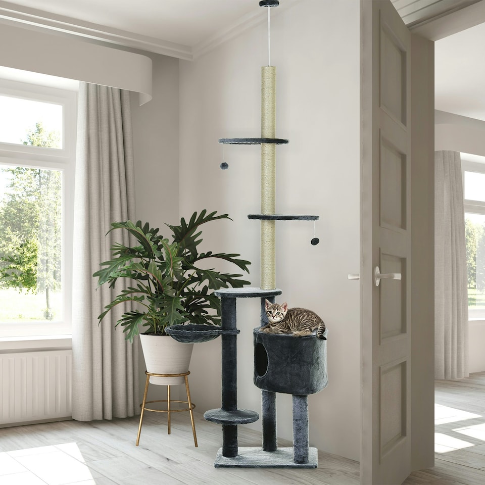 image 1 of PawHut Floor to Ceiling Cat Tree Adjustable Height 220-265cm, Dark Grey