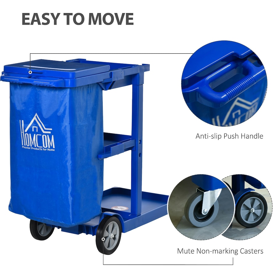 image 1 of HOMCOM Cleaning Cart On Wheels, Housekeeping Trolley w/ 3 Tier Shelves, Blue