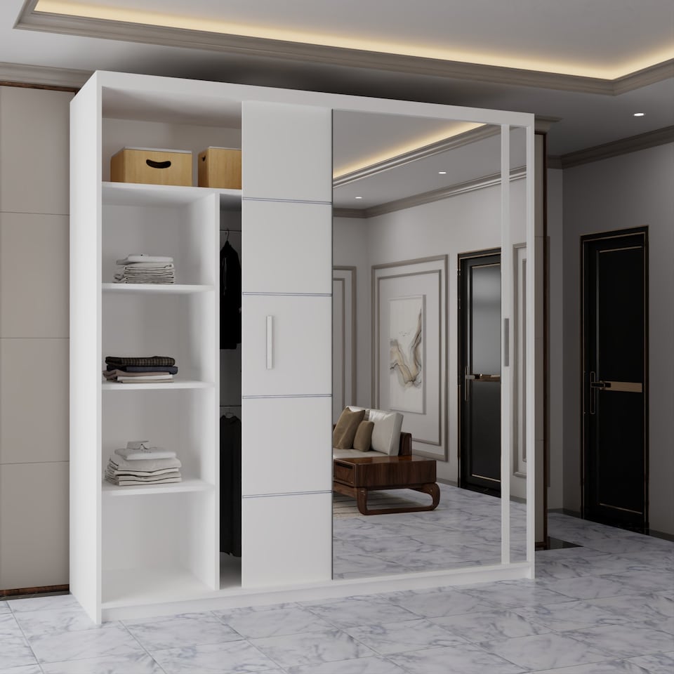 image 1 of Sliding Wardrobes 4u Modern Sliding Door Wardrobe with Full Mirror | 120cm, 150cm, 180cm and 203cm | White, Black, Grey & Oak | White | 203cm