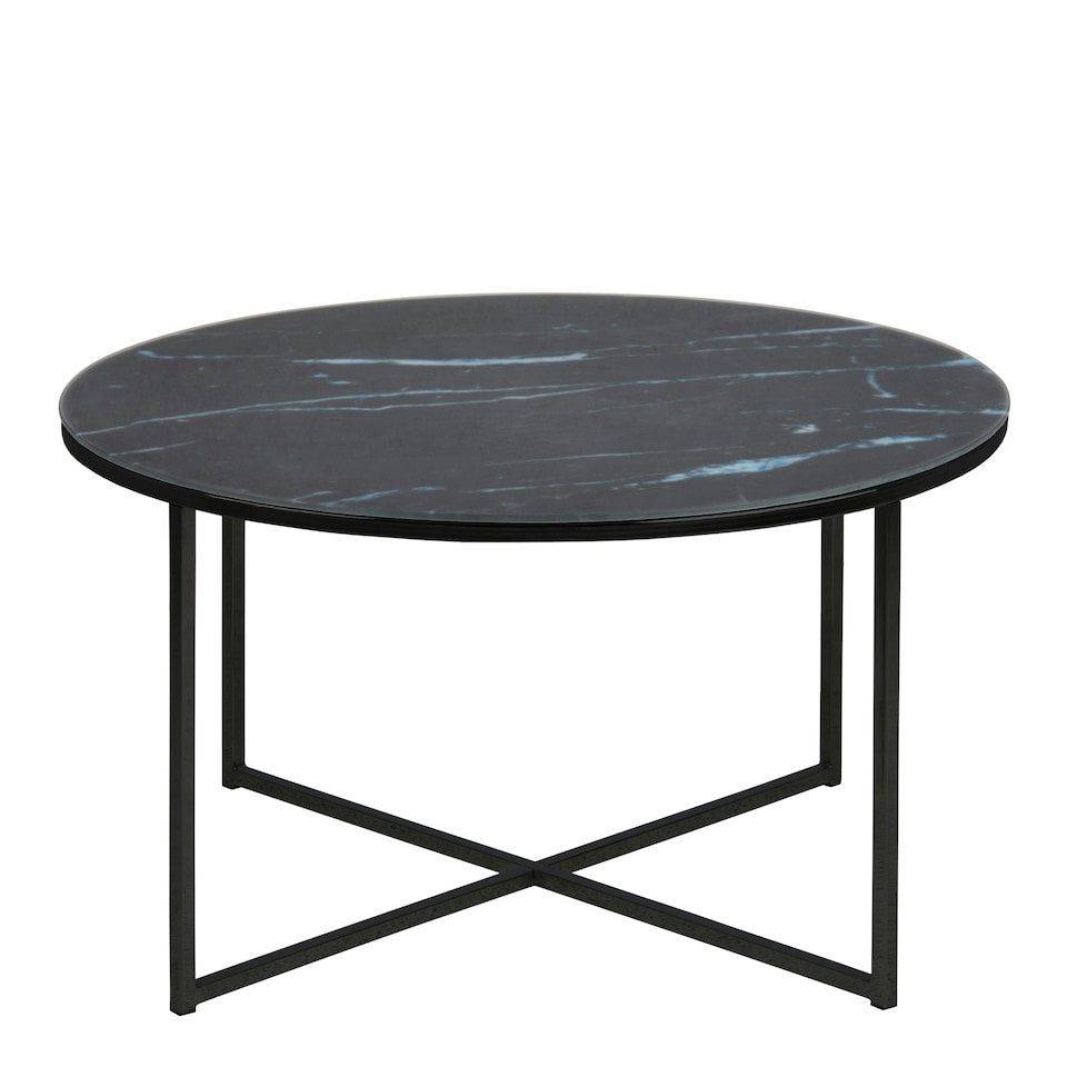 image 1 of Alisma Round Coffee Table with Black Marble Effect Glass Top & Black Legs