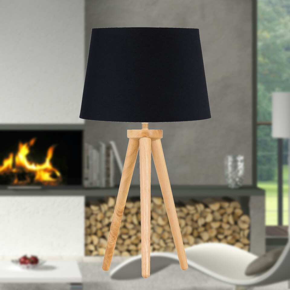 image 1 of Set of 2 Light Oak Table Lamp or Bedside Lights with Black Shades Brown | Black