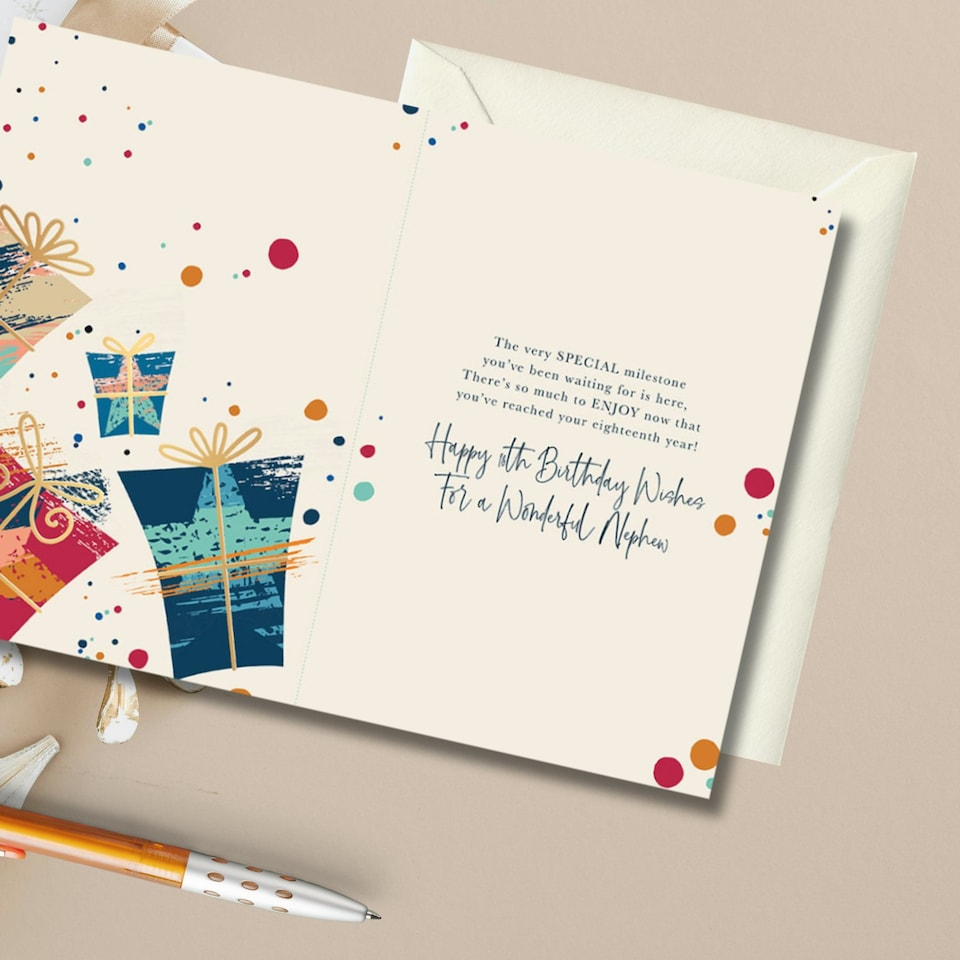 image 1 of Words 'n' Wishes Nephew 18th Birthday Card - Happy Birthday Card for Men Age 18 with Contemporary Artistic Present Design with an Embossed Foil Finish