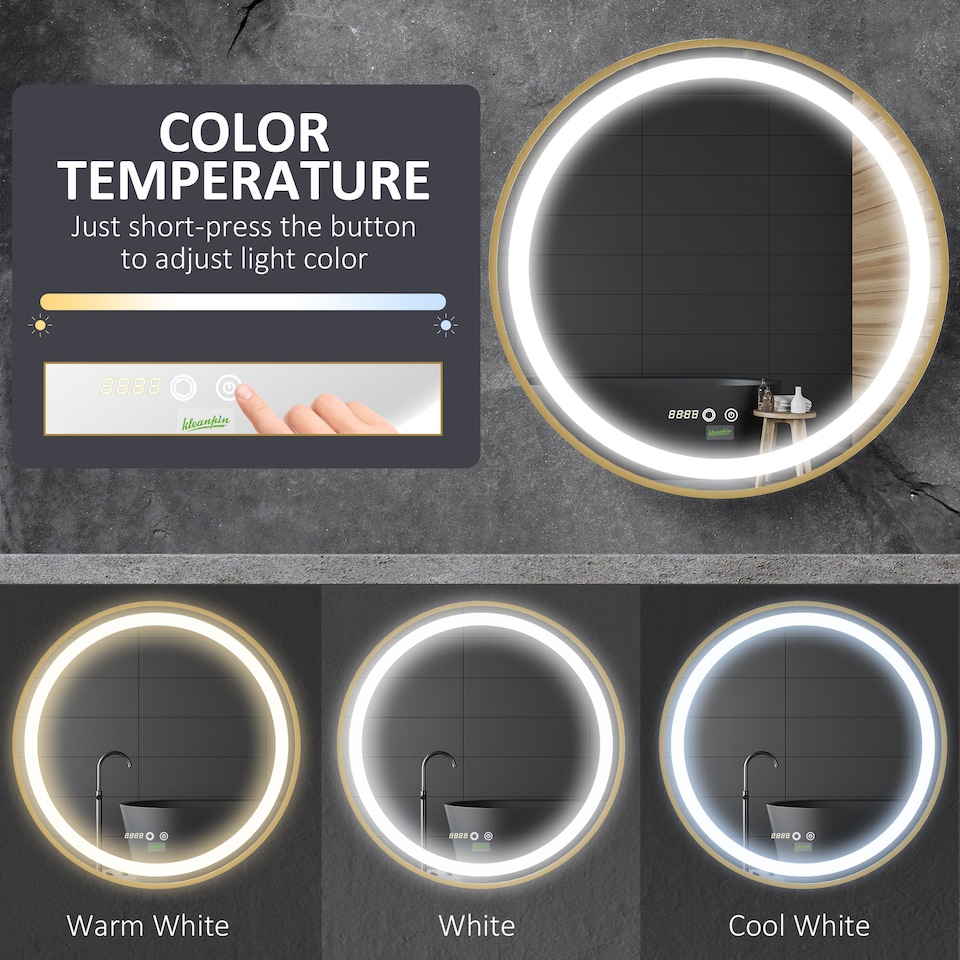 image 1 of kleankin Round Bathroom LED Mirror, Dimmable Lighted Wall-Mounted Mirror with 3 Temperature Colours, Time Display, Memory Function, Hardwired, Gold