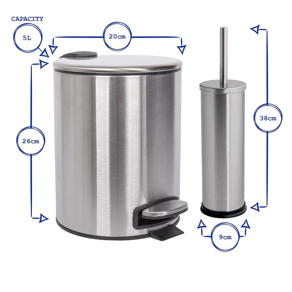 image 1 of Harbour Housewares 2pc Round Stainless Steel Pedal Bin & Toilet Brush Set - 5L - Chrome