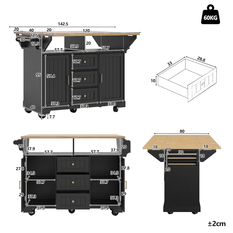 image 1 of VILUXE Kitchen island, cabinet, sideboard 120 x 40 (80) x 95 cm, extendable kitchen trolley with casters, extendable on both sides, with towel rail and spice rack, two doors, three drawers, black/white