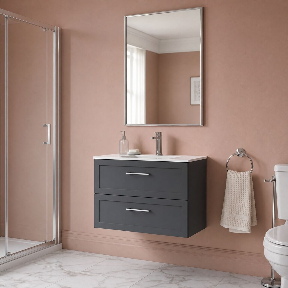 image 1 of Stonnall Traditional Wall Hung 2 Drawers Vanity Unit with Minimalist Ceramic Basin, 800mm, Dark Grey