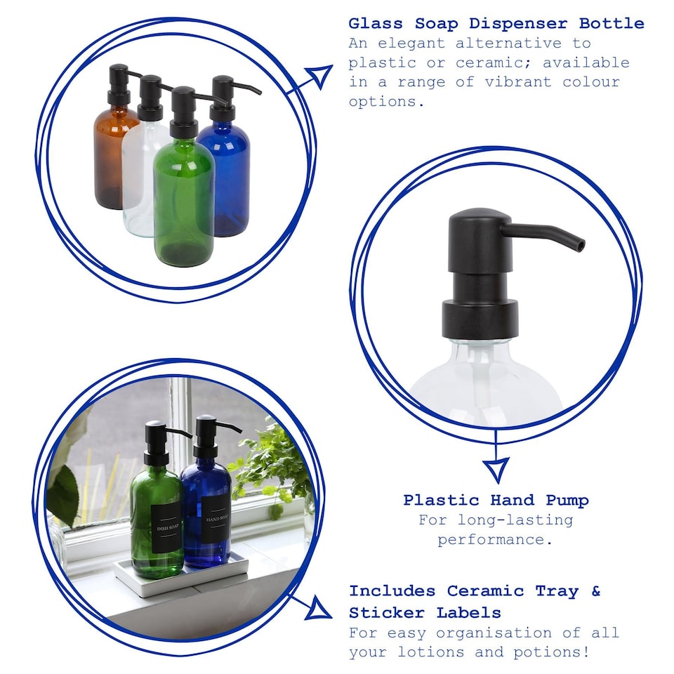 image 1 of Harbour Housewares 2pc Glass Soap Dispenser Set with Ceramic Tray & Labels - 500ml - Clear/Black