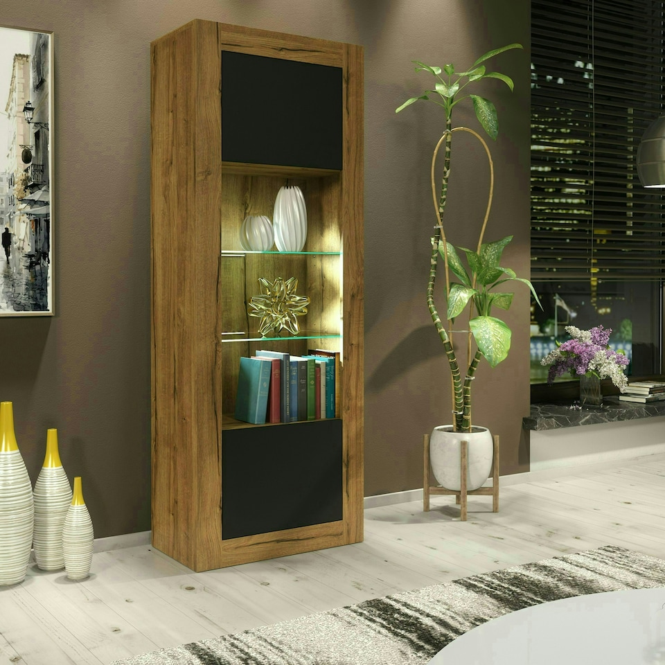 image 1 of Tall Cabinet 170cm Black Matt Doors Oak Matt Body Free LED Light Multi | Oak & Black