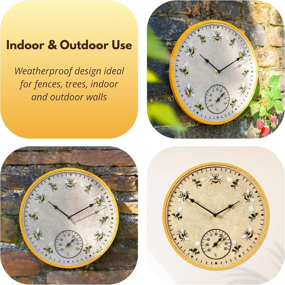 image 1 of Marco Paul 30cm Bee Outdoor Clock and Thermometer Yellow
