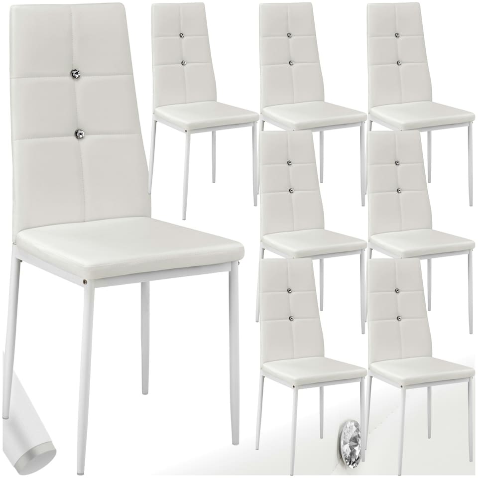 image 1 of Dining Chair Set - high backrest, slim steel legs & rhinestone highlights - Set of 8 White
