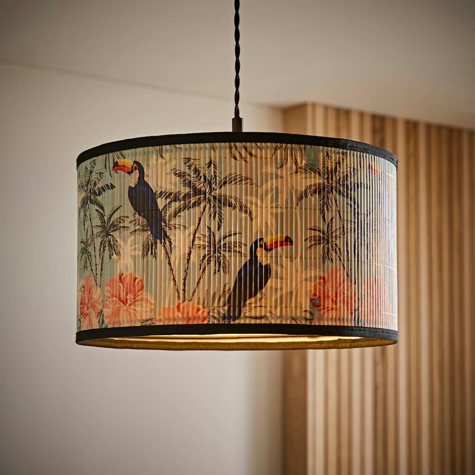 image 1 of ValueLights Daintree Medium Pastel Jungle Bamboo Drum Lamp Shade Multi