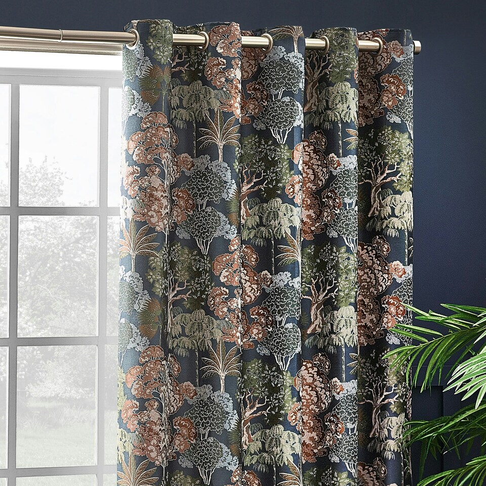 image 1 of Wylder Woodlands Floral Jacquard Navy Eyelet Curtains 168 x 183cm