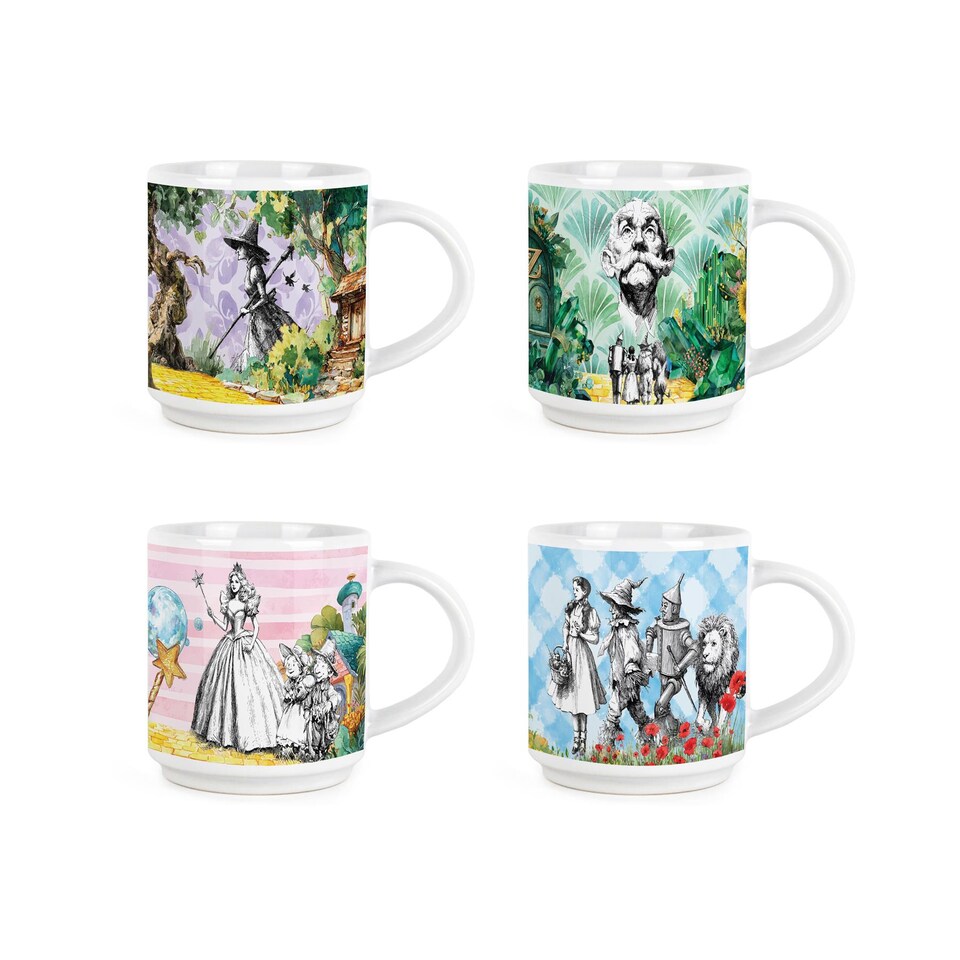 image 1 of Wizard of Oz Stacking Mugs Set - Dorothy Glinda Emerald City Gift - Set of 4 Ceramic Cups Set with Metal Stand | White