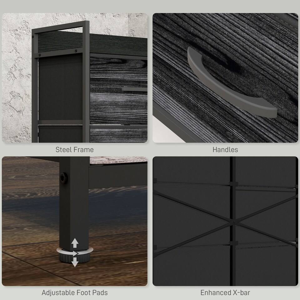 image 1 of HOMCOM Bedroom Chest of Drawers, Fabric Dresser with 6 Drawers, Storage Organiser Unit with Open Shelf and Metal Frame for Living Room, Entryway, Black | Black | Black