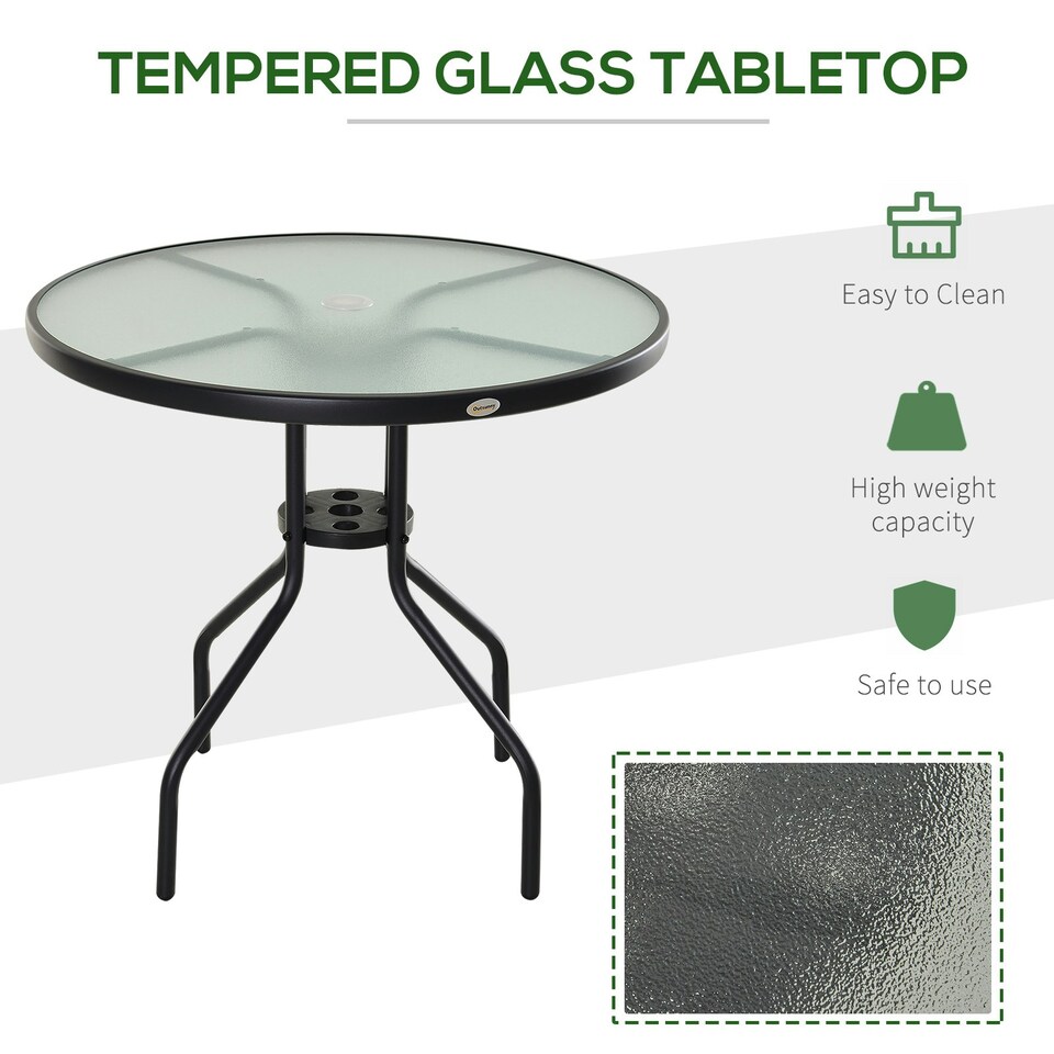 image 1 of Outsunny 80cm Outdoor Round Dining Table with Tempered Glass Top
