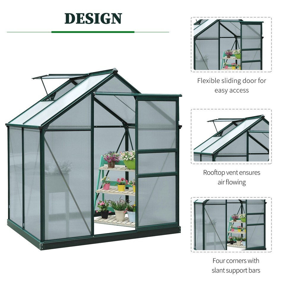 image 1 of Outsunny 6x4ft Walk-In Polycarbonate Greenhouse Plant Grow Galvanized