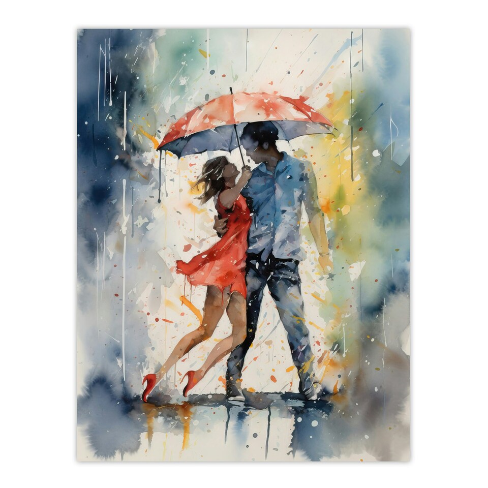 image 1 of Dancing Rain Watercolour Romance Red Rhythm Black Framed Wall Art Print A4