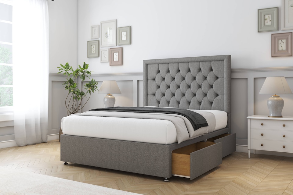 image 1 of Sloomy Montana Pewter Dumfries Divan Bed Base 4 Drawers With 54 Inch Floor Standing Headboard | Grey | Pewter | Double | 1