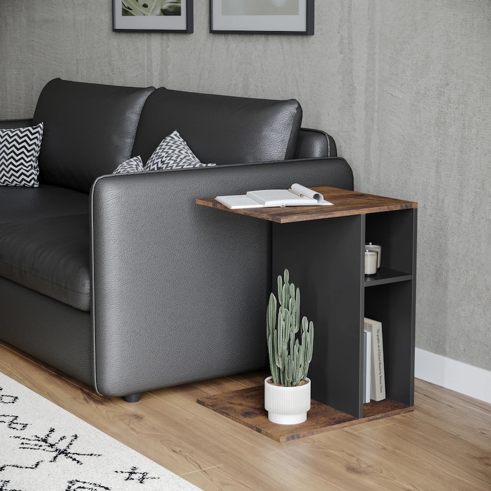 image 1 of C-Shape Side Wooden Table End Coffee Bedside Nightstand Laptop Snack Living Room | Multi | Rustic Oak/Black