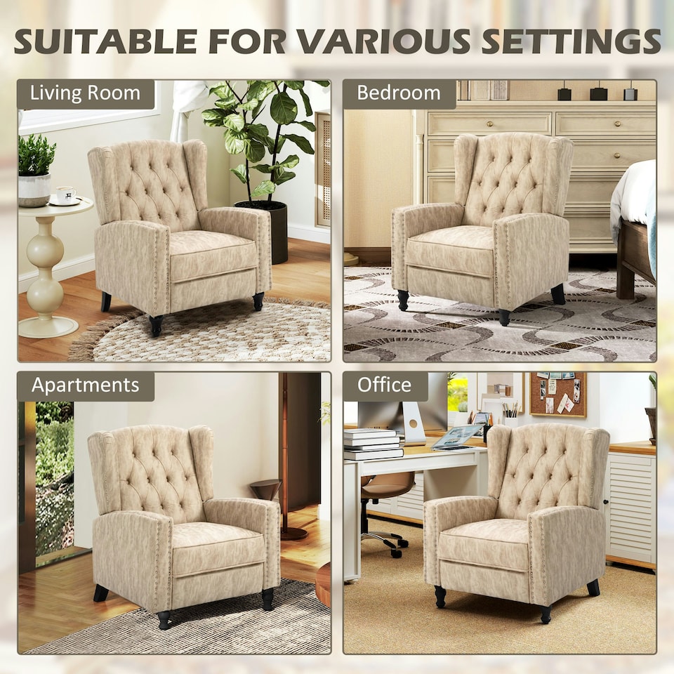 image 1 of HOMCOM Marble Effect Manual Reclining Armchair w/ Footrest Studs Wood Legs Beige