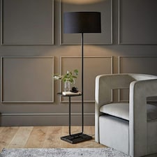 ValueLights Large Matt Black Curved Stem Marble Floor Lamp Coffee Table Light - Black Shade + LED Bulb