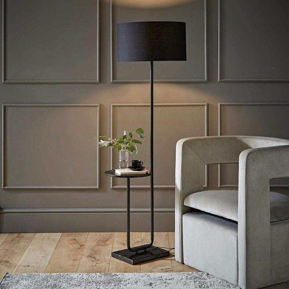 image 1 of ValueLights Large Matt Black Curved Stem Marble Floor Lamp Coffee Table Light - Black Shade + LED Bulb