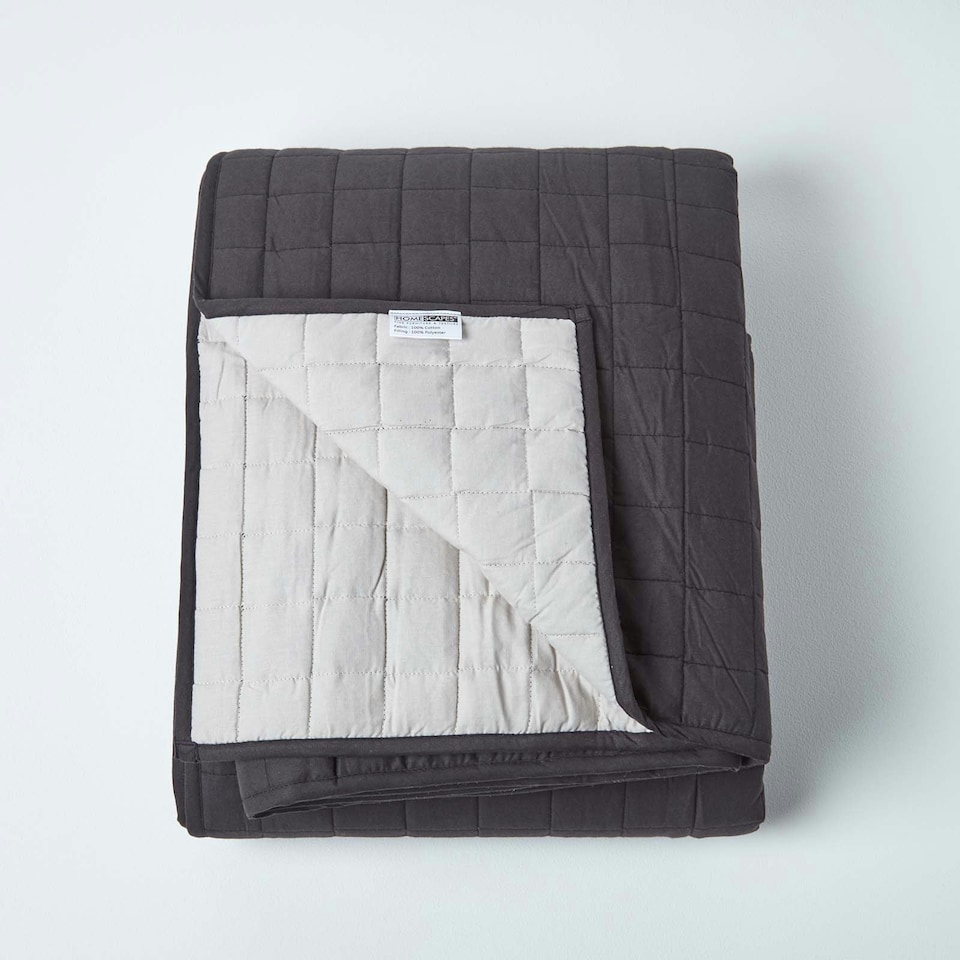 image 1 of Homescapes Cotton Quilted Reversible Bedspread Black and Grey - 230 x 250 cm Black