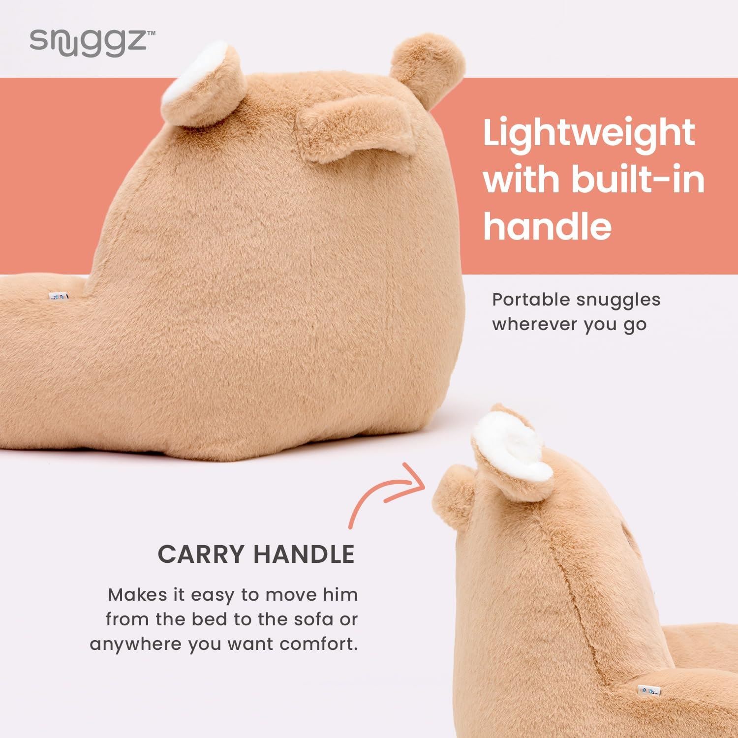 Snuggz Teddy Bear Cuddle Cushion Reading Pillow with Carry Handle 3D Novelty Design Back Support Soft Cosy Bed Pillow - 60 x 40 x 35 cm