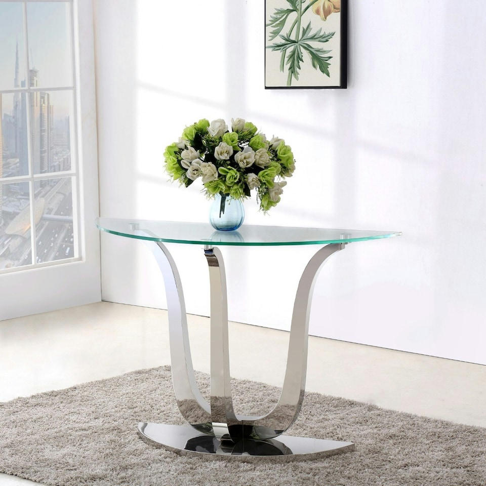 image 1 of Naples Semi Circle Glass Console Table Silver | Clear