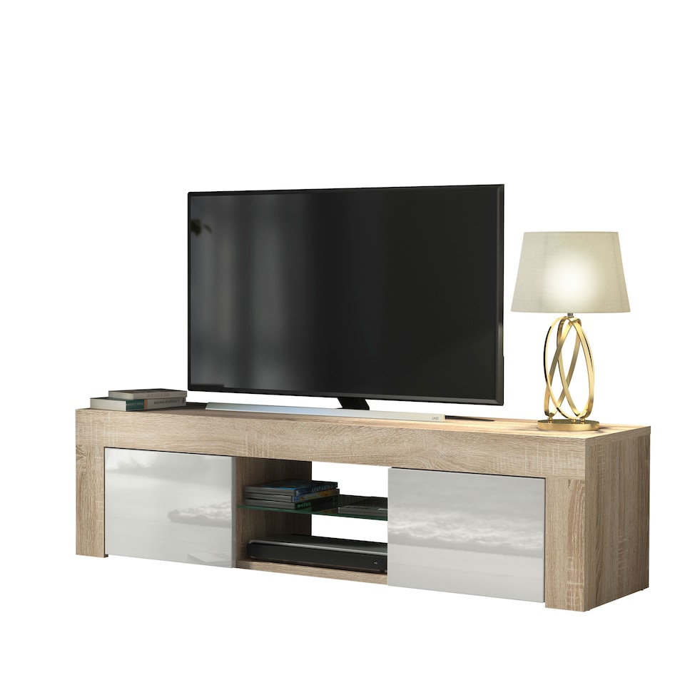 image 1 of TV Unit TV Stand Cabinet Sideboard Oak White High Gloss Storage 130cm