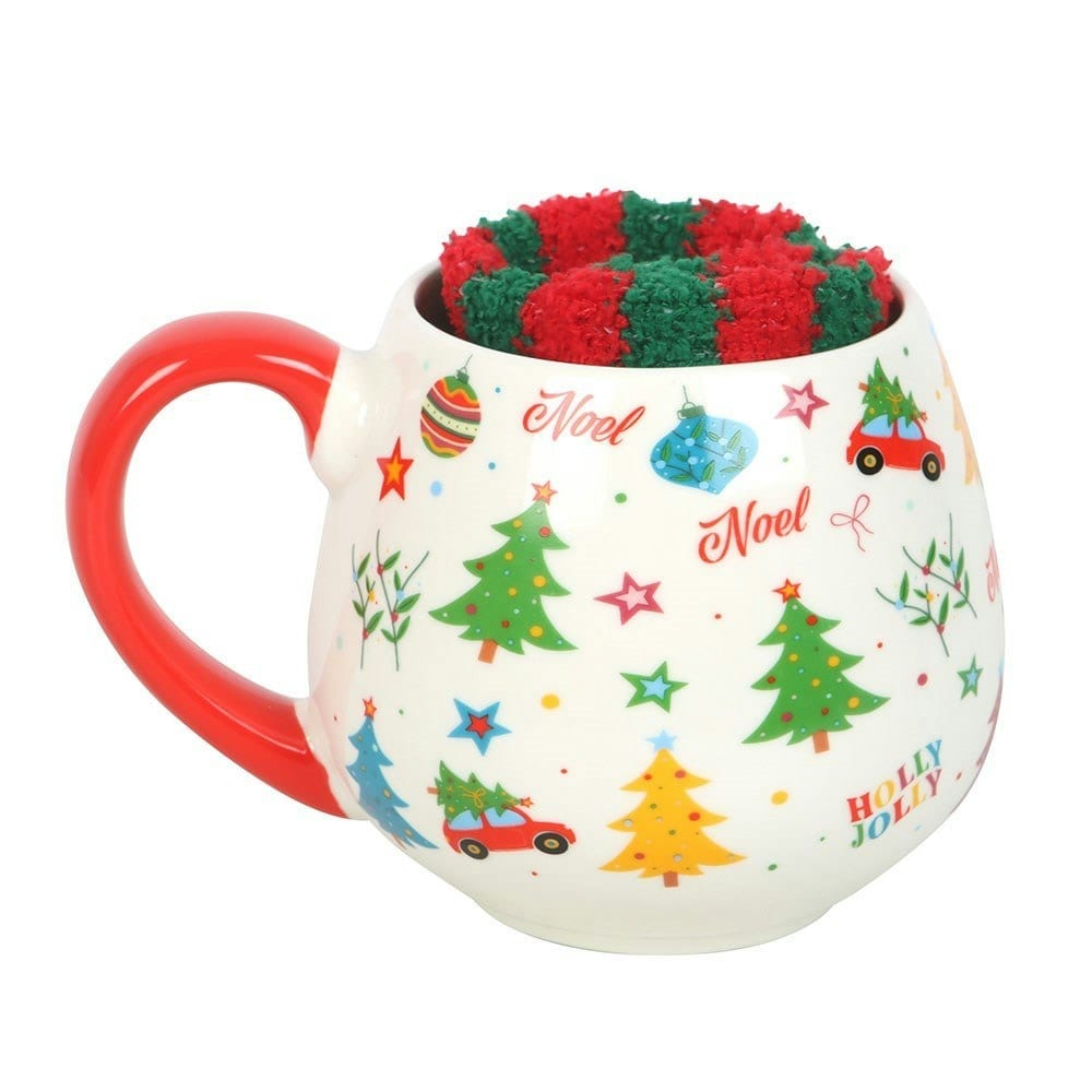 Something Different Nostalgic Print Christmas Mug and Sock Set - White/Red/Green - One Size