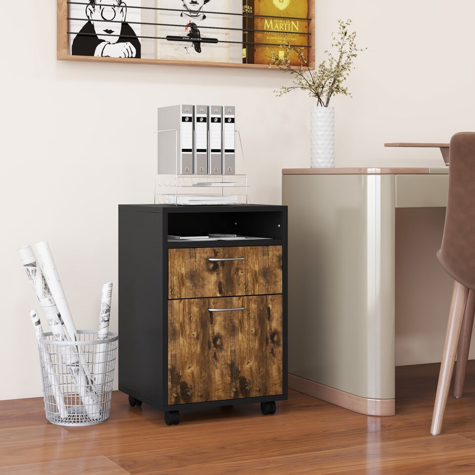 image 1 of HOMCOM 60cm Filing Cabinet with Drawer, Open Shelf, Metal Handles and 4 Wheels, Office Home Organiser Mobile Printer, Rustic Brown