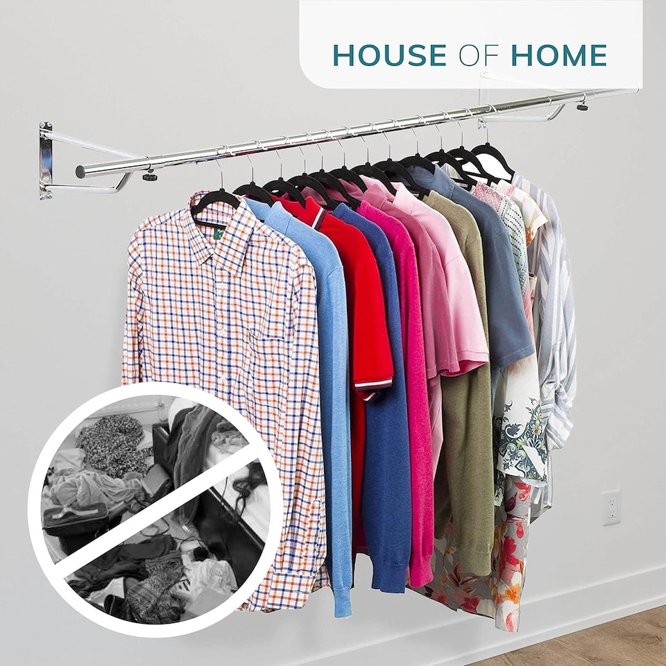 image 1 of House of Home 4ft Clothes Rail Black Wall Mounted Garment Hanging Wardrobe Rack Storage