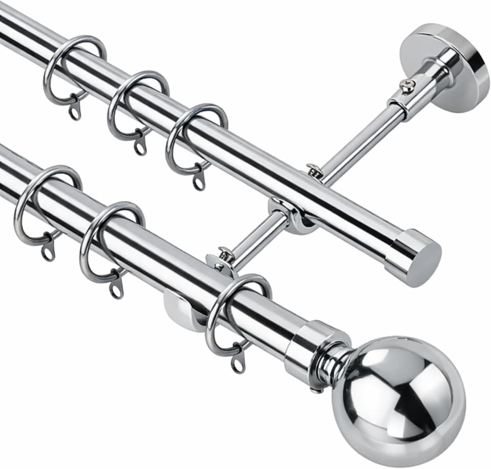 image 1 of Lister Cartwright Double Curtain Extendable Pole Set with Chrome Ball Finials- 19mm & 28mm Metal Poles(70- 120 cm)