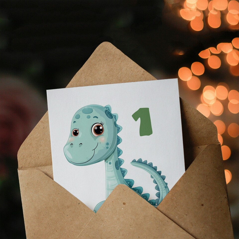 image 1 of Cute Dinosaur Cartoon Age 1 Year Old  Kids 1st Birthday Card