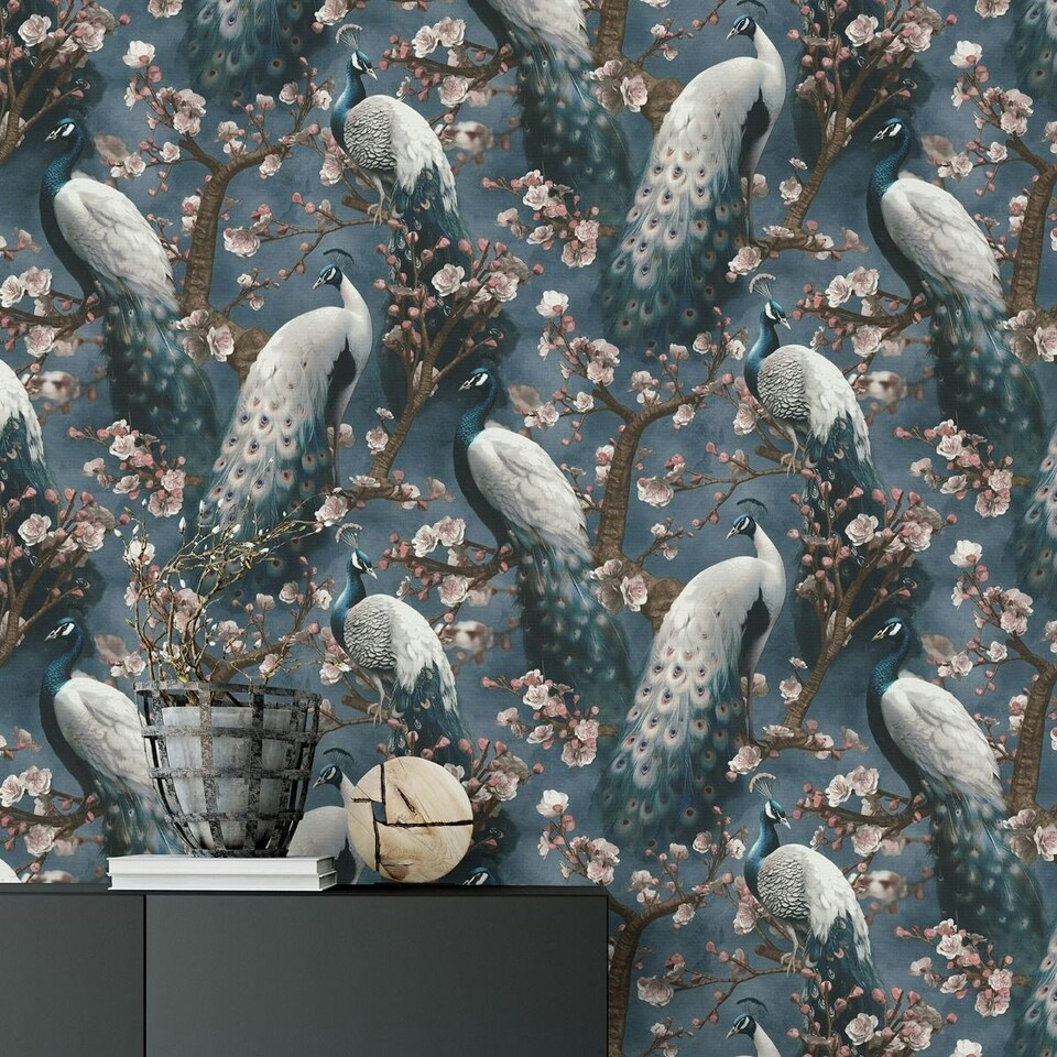 image 1 of Erismann Play Of Light Peacock Vinyl Textured Wallpaper - Navy Blue - 10m x 53cm Blue