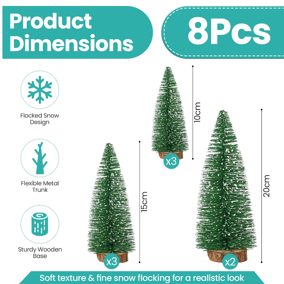 image 1 of Miniature Christmas Trees with Wooden Base for Xmas Village - 8pcs