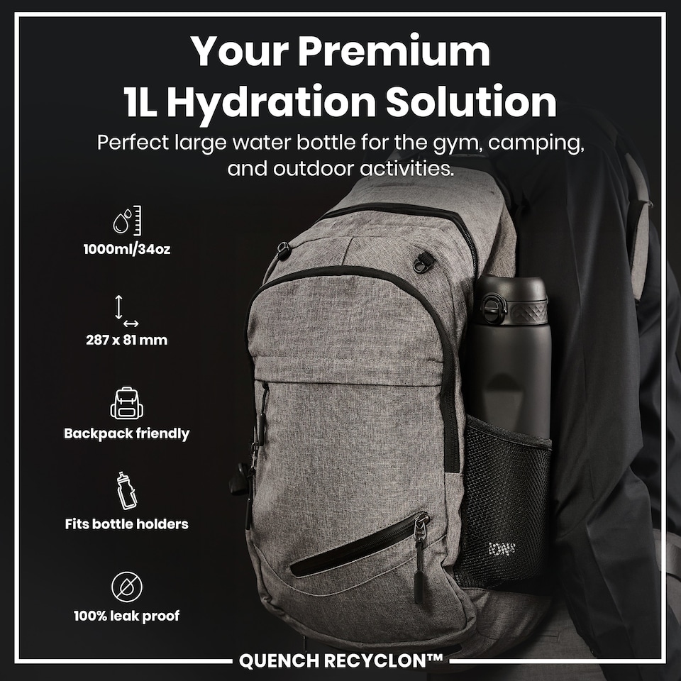 image 1 of Leak Proof 1 Litre Water Bottle, BPA Free, 1000ml (32oz) | Black | Black | 1L