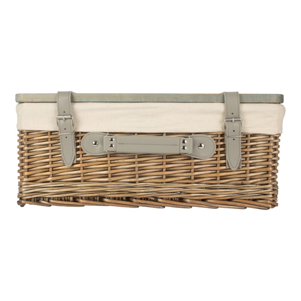 image 1 of 46cm Antique Wash White Lined Willow Empty Picnic Basket with Pinewood Lid | Brown | Brown | L | 1