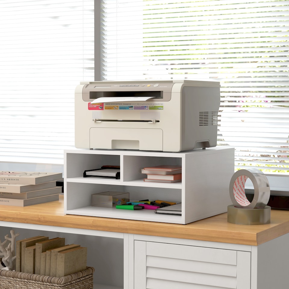 image 1 of HOMCOM Desktop Printer Stand with Storage, 2-Tier Desk Organizer with 3 Open Compartments for Home Office, White